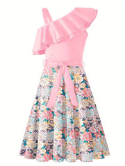 Girl's Sleeveless Polka Dot A-Line Dress with Ruffled One-Shoulder Design and Waist Bow - Black & White Summer Dress for Youngsters 5-12 Years
