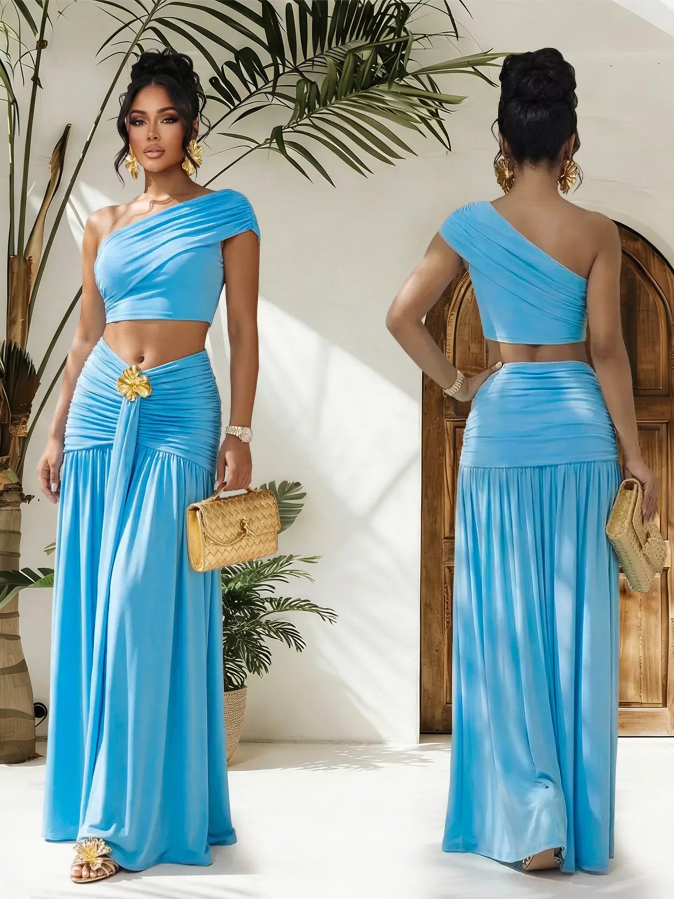 Trendsi one-shoulder top and ruched maxi skirt set featuring a stylish, coordinated look with a fitted top and flowing skirt.