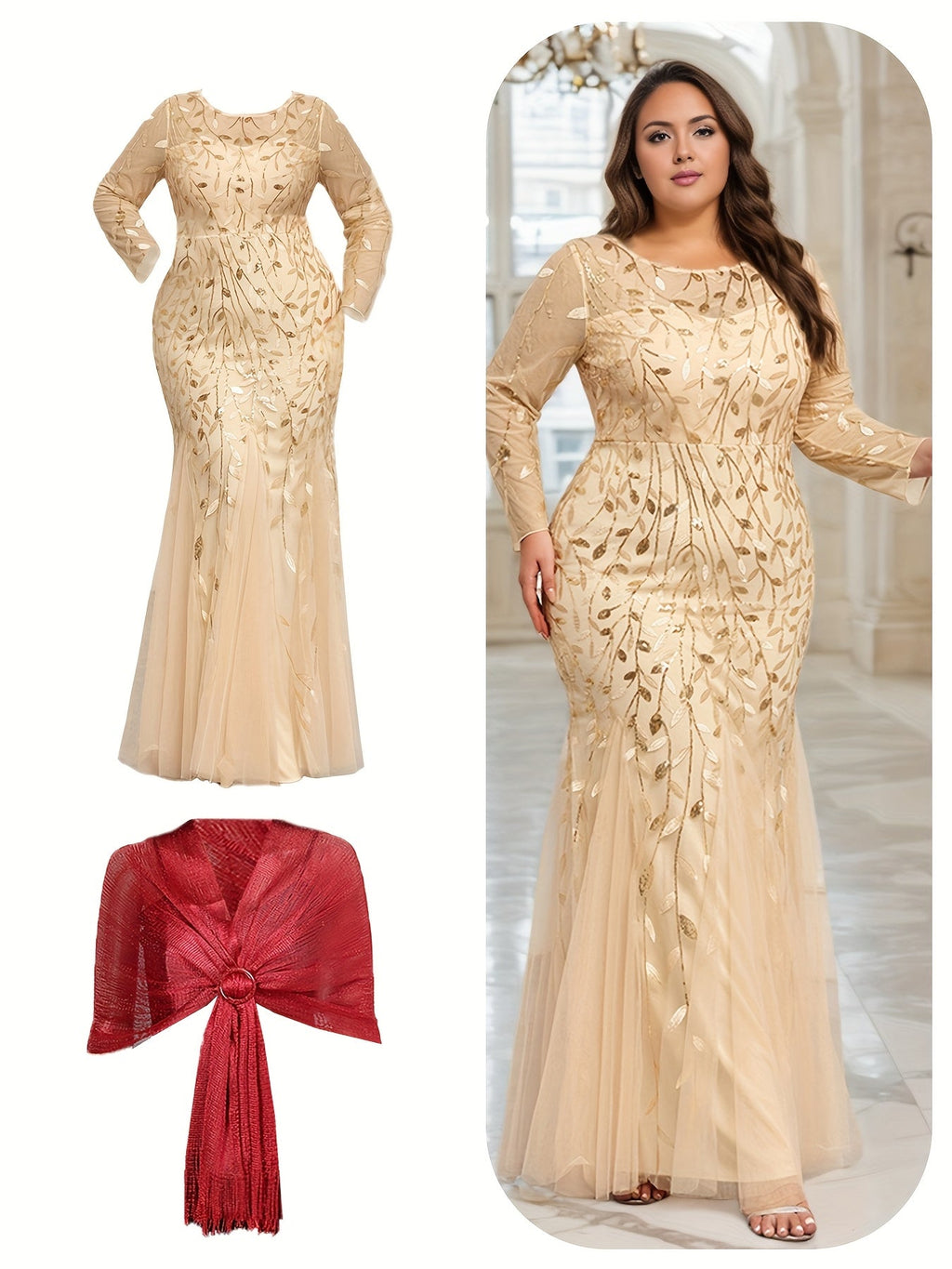 Plus size sequin floral mermaid dress with shawl by Showlu Fashion, featuring shimmering sequins and elegant floral details.