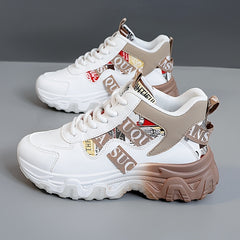 New Women's 2025 Spring/Summer Outdoor Sports Shoes - Height-Enhancing Thick Sole, High Quality Synthetic Leather Upper, Breathable Fabric Lining & Non-Slip PVC Outsole for Running, Hiking, Casual Wear - Beige/Red Colorway, L