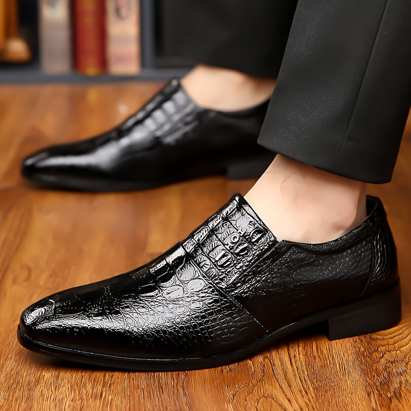 Black crocodile texture pointed-toe loafers for men by SHOWLU FASHION STORE, showcasing sleek and stylish footwear design.