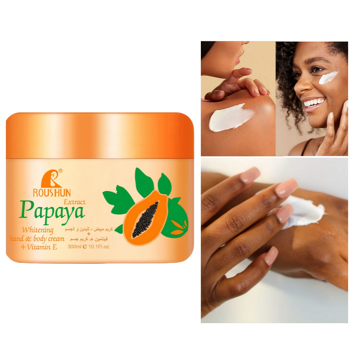 ROUSHUN Papaya Face and Body Cream with Vitamin E in a 10.14oz jar, showing the creamy moisturizer with papaya extract and vitamin E.