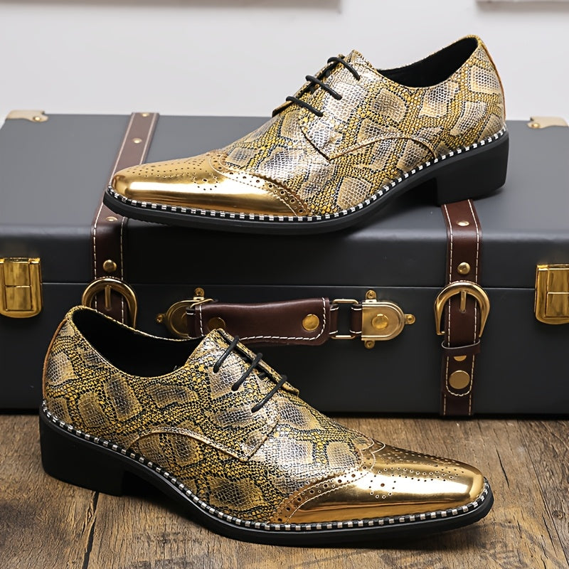 Men's SHOWLU FASHION golden diamond pattern brogue loafers with pointed toe, stylish slip-on dress shoes for men.