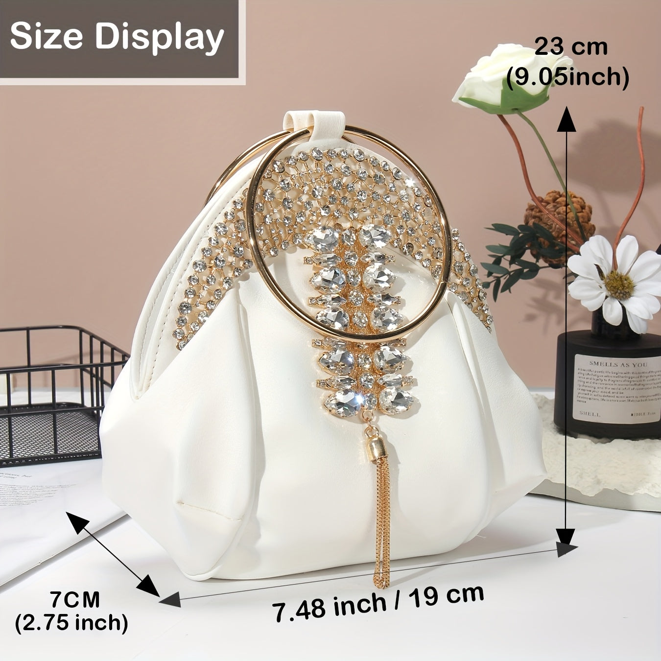 White PU PIDE Rhinestone Schoolbag Clutch with chain strap, stylish crossbody bag featuring sparkling rhinestone details.