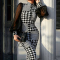 Showlu Fashion women's houndstooth high neck mesh panel fitted dress, stylish and form-fitting with a high neckline and mesh accents.