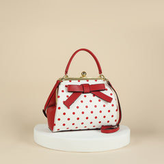 2024 Autumn New Korean Polka Dot Lacquered Handbag for Women - High Quality with Kiss Lock Closure, Removable Shoulder Strap & Bow Detail, Glossy Patent Look (Black/White, Bronze, Pink & White) - Perfect for Weddings, Parties