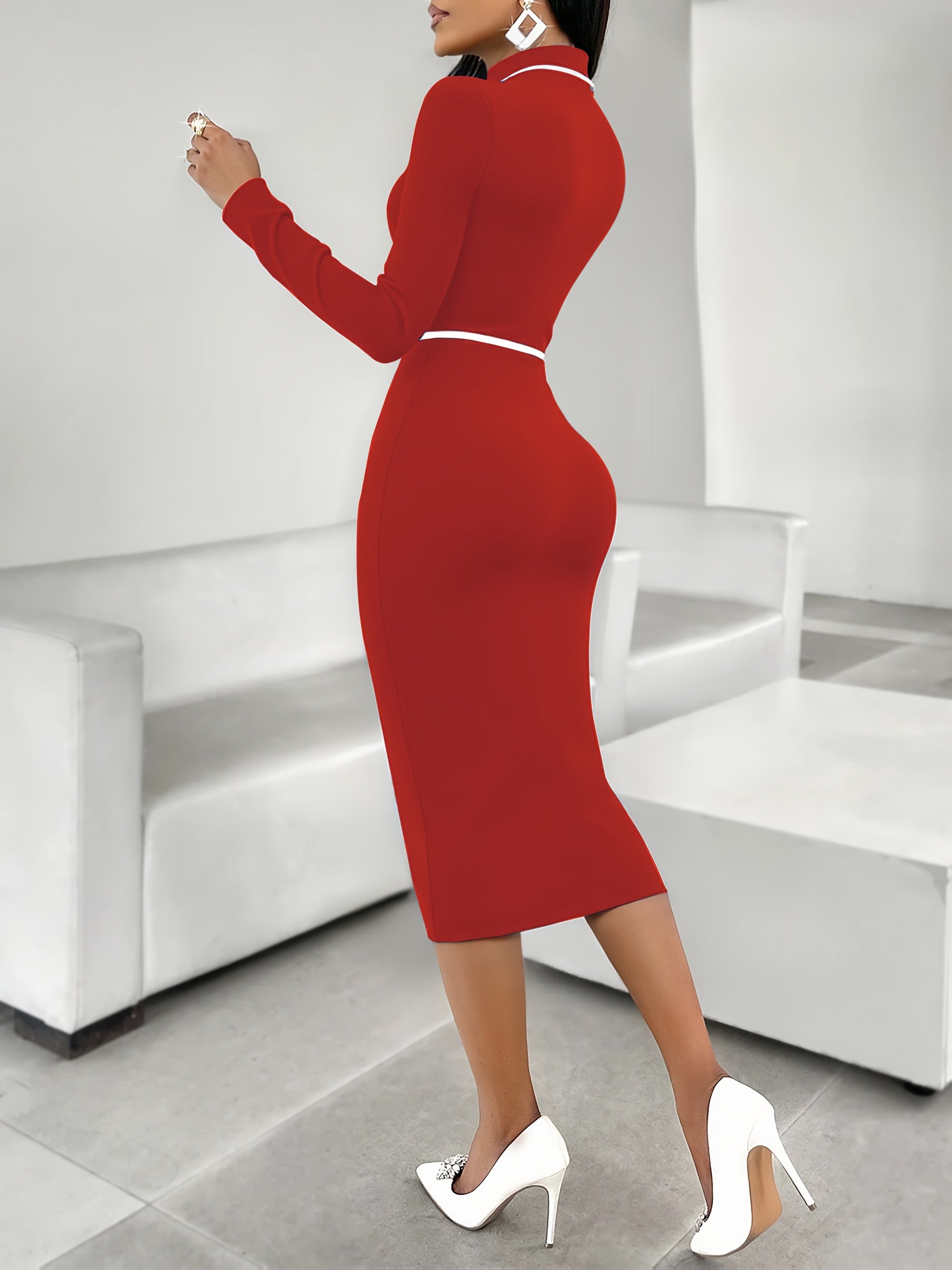 Color block SHOWLU FASHION midi dress with French stand collar and bodycon fit, featuring bold geometric color blocking.