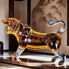 Glass Tiger-Shaped Red Wine & Whiskey Decanter - 3.38oz Mini Animal Sculpture with Metallic Accents, Elegant Home & Office Desk Decor, No Electricity Needed