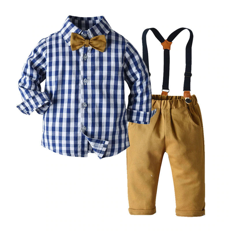 Toddler boys cotton suit with suspenders and bow tie by SHOWLU FASHION, featuring a stylish and comfortable formal outfit.