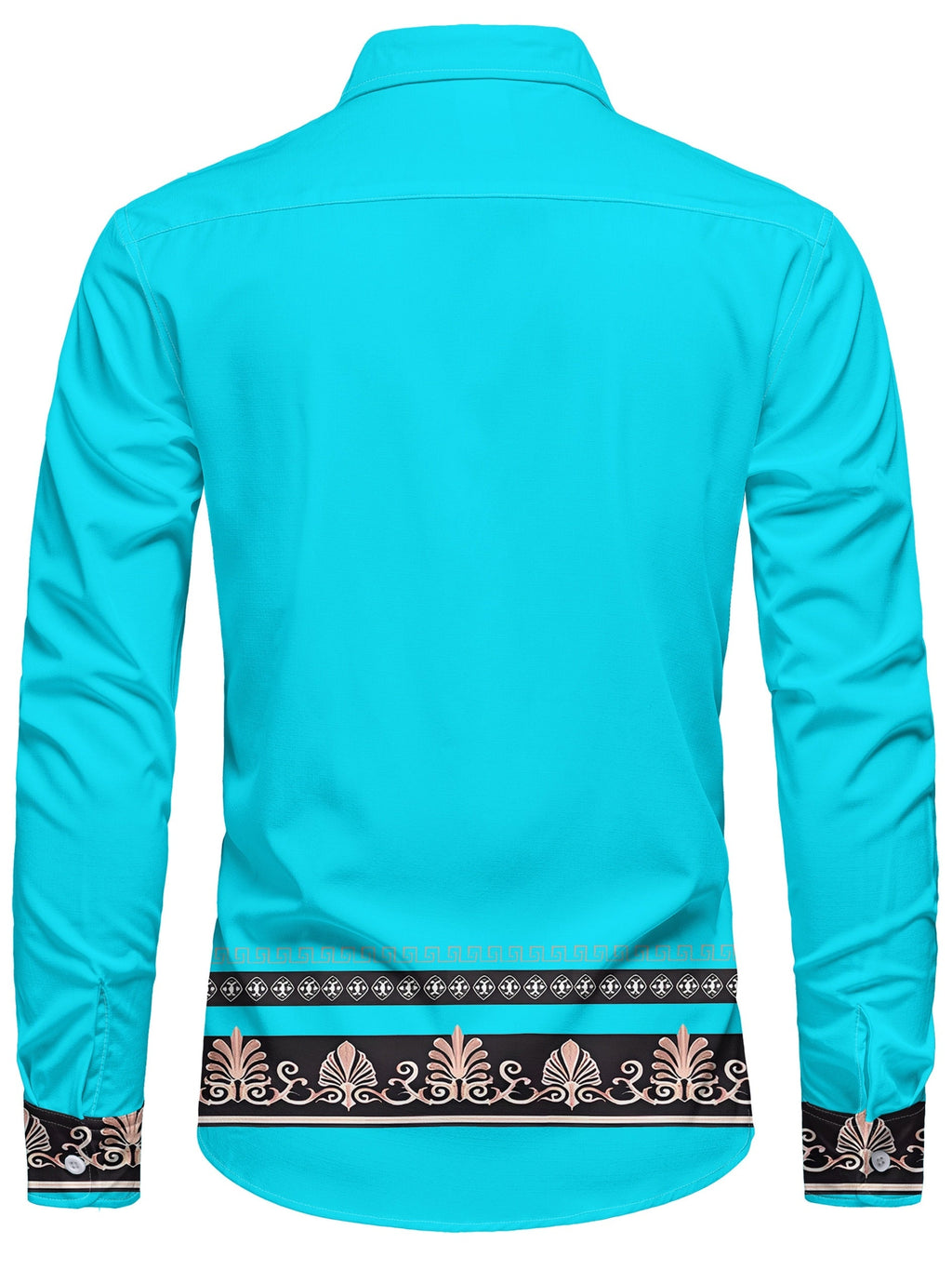SHOWLU Men's long sleeve ethnic floral shirt in turquoise and gold with intricate patterns and traditional design details.