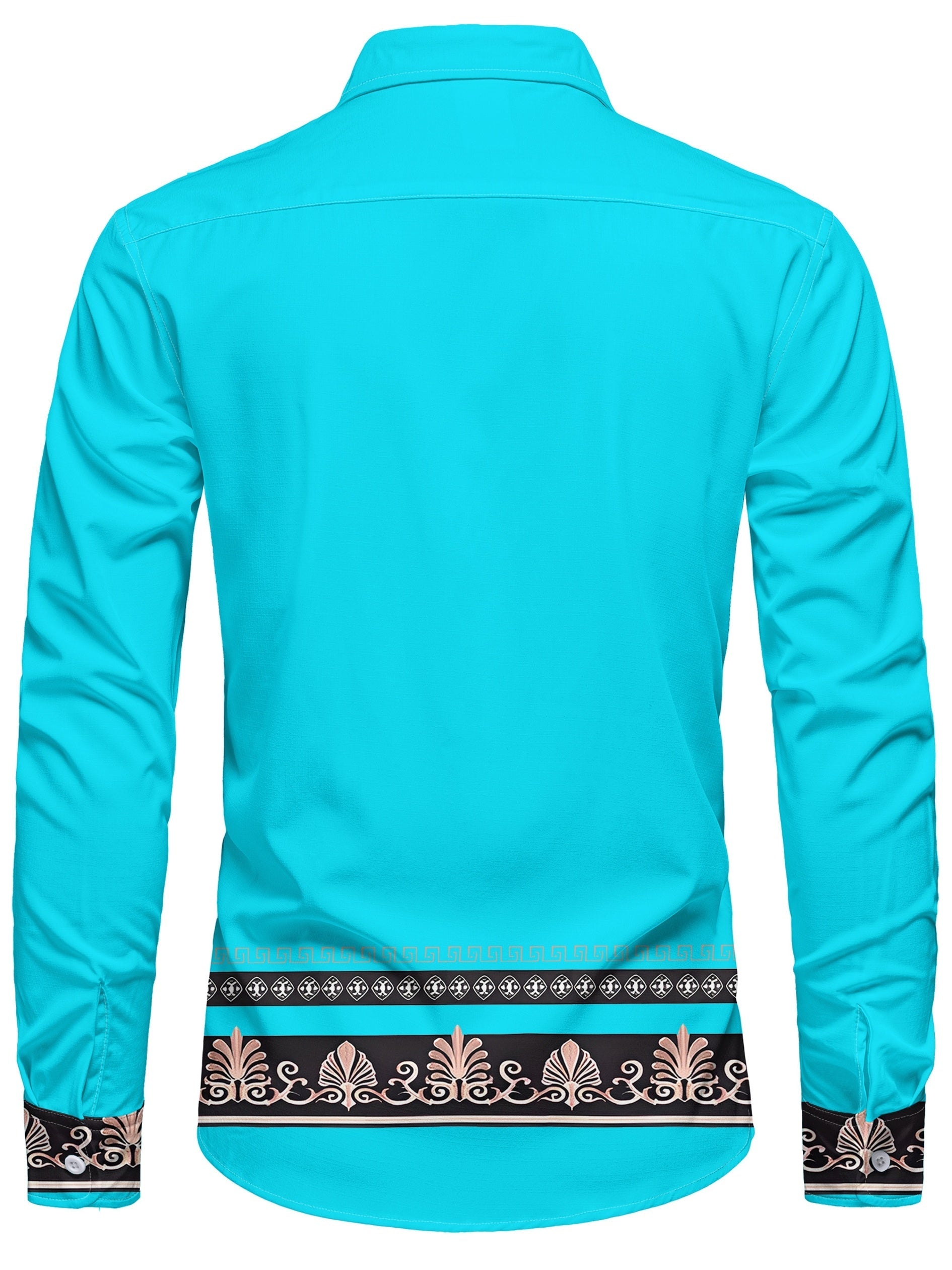SHOWLU Men's long sleeve ethnic floral shirt in turquoise and gold with intricate patterns and traditional design details.