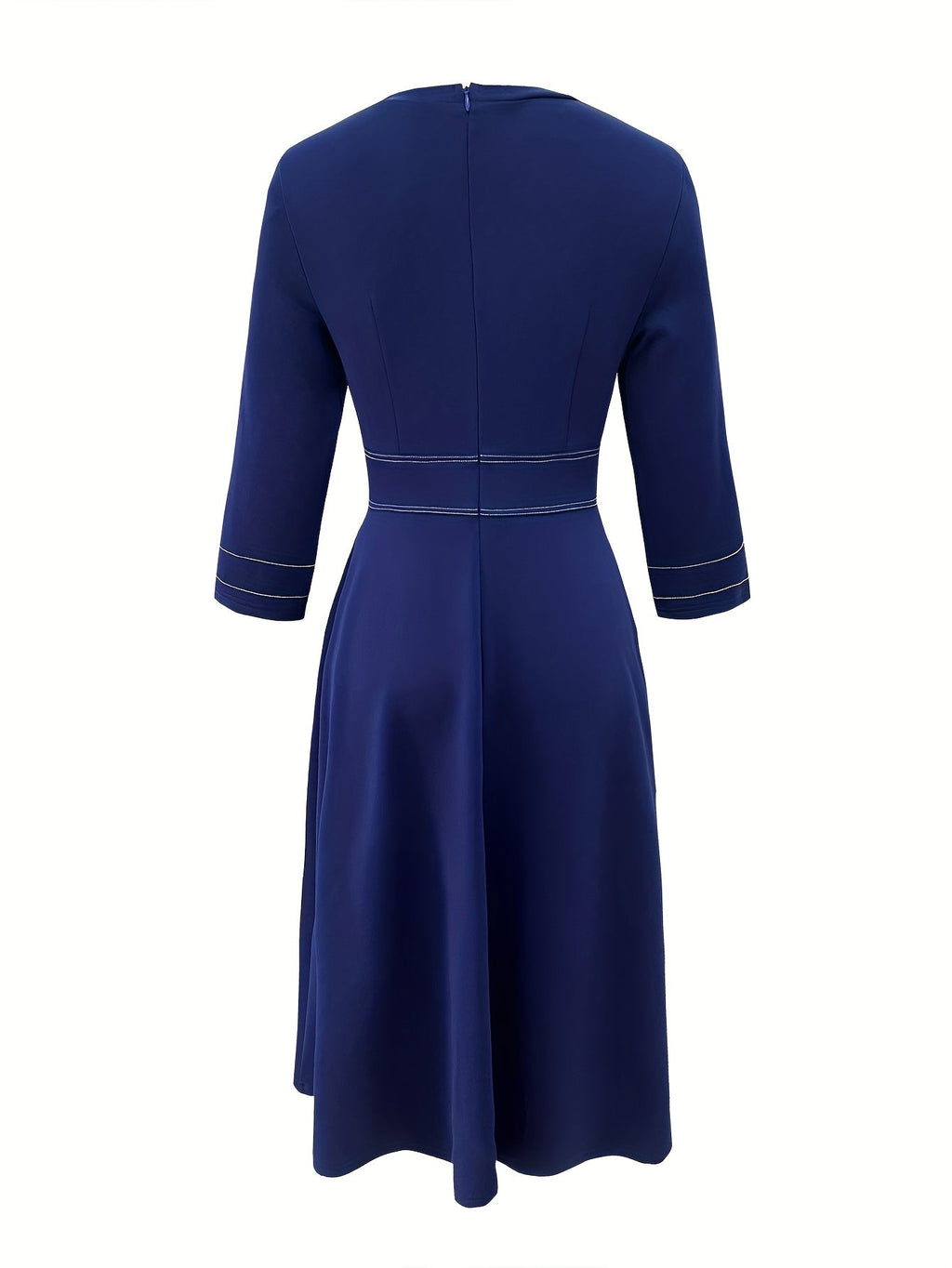 Navy blue A-line sleeveless formal gown with ruched detail, stylish evening dress from SHOWLU FASHION.