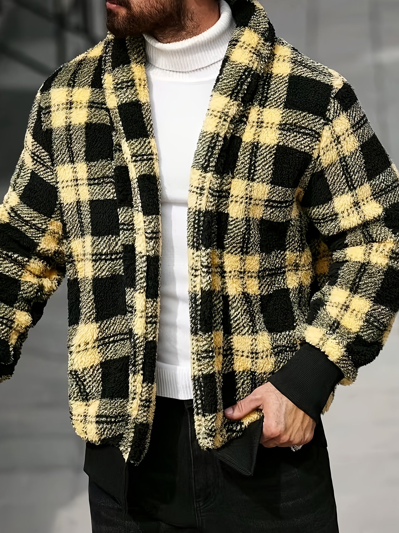 Men's black and yellow checkered plush fleece jacket with soft thermal lining by SHOWLU FASHION STORE, featuring a cozy, casual style.