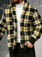 Men'S Plush Jacket - Black & Yellow Checkered Coat, Soft Thermal Insulation Lightweight Outerwear for Fall/Winter, Minimalist Formal & Everyday Blazers, Easy-Care Non-Lined Design, Fall Fashion, Classic Collar, Durable Constr