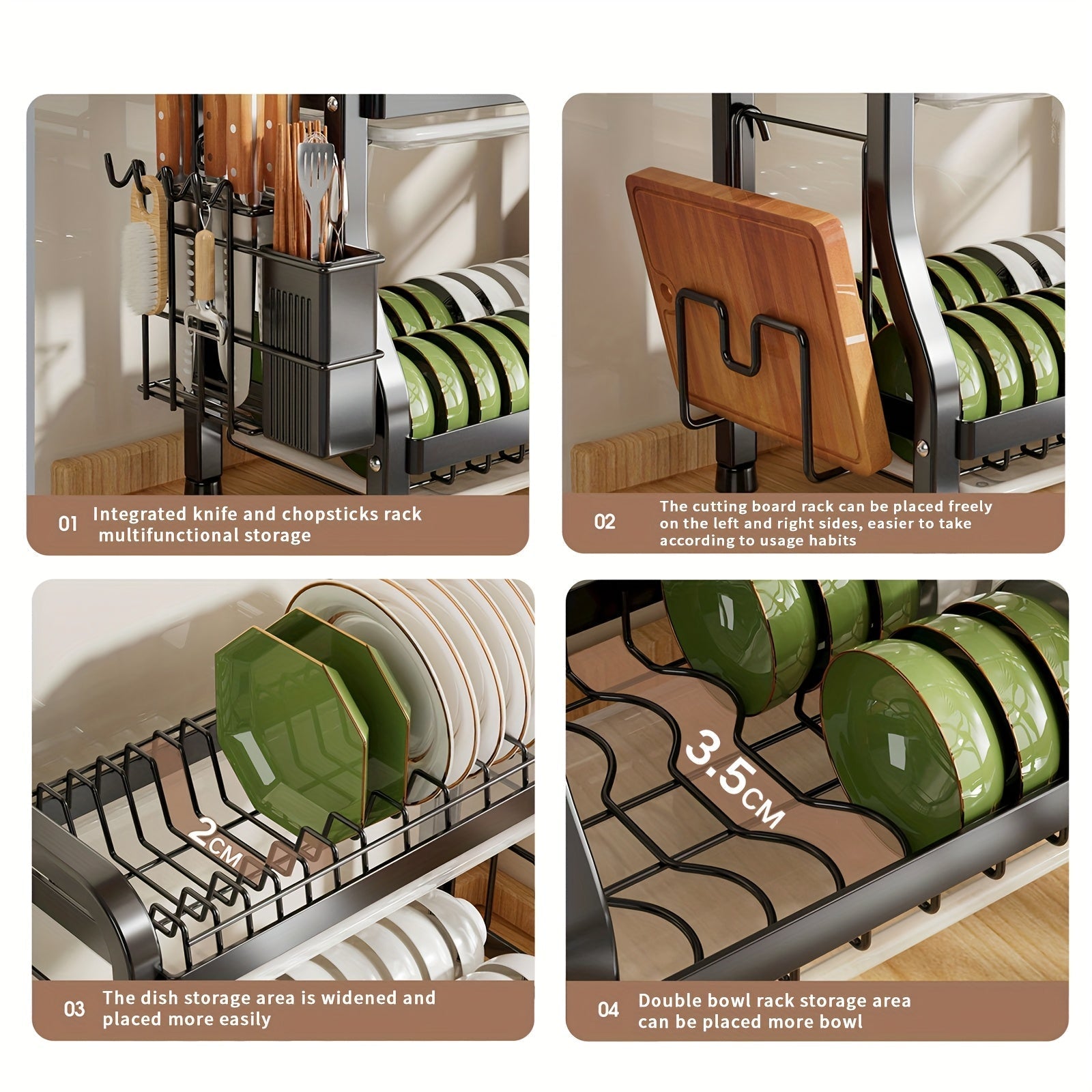 SHOWLU Stainless Steel Dish Drying Rack, large multi-layer drainer with multiple compartments for drying dishes and utensils.