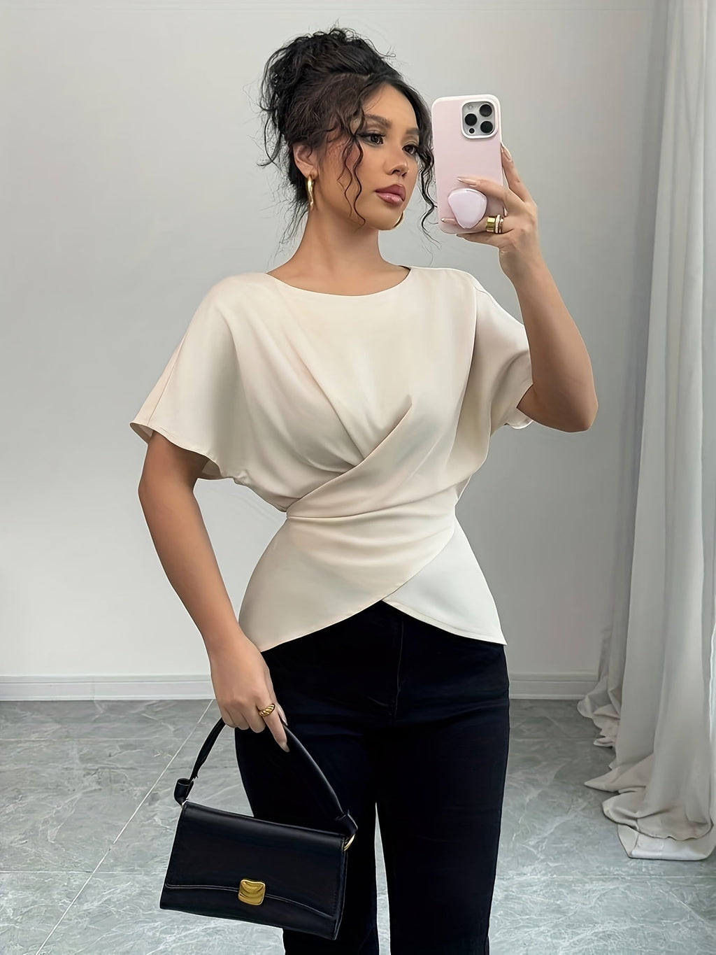 SHOWLU Women's off-shoulder asymmetrical hem blouse with short sleeves, stylish and lightweight top perfect for casual wear.