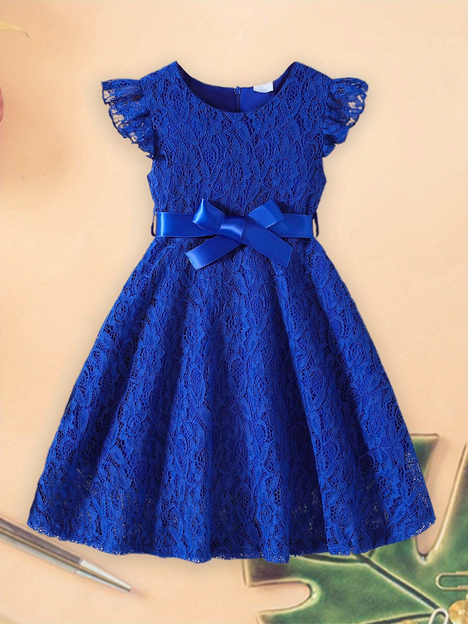 SHOWLU Girls lace fly sleeve summer dress with belt, solid color woven fabric, stylish and lightweight for warm weather.