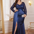 SHOWLU FASHION sequin lace V-neck long sleeve plus size mermaid gown displayed on a mannequin with intricate lace and shimmering sequins