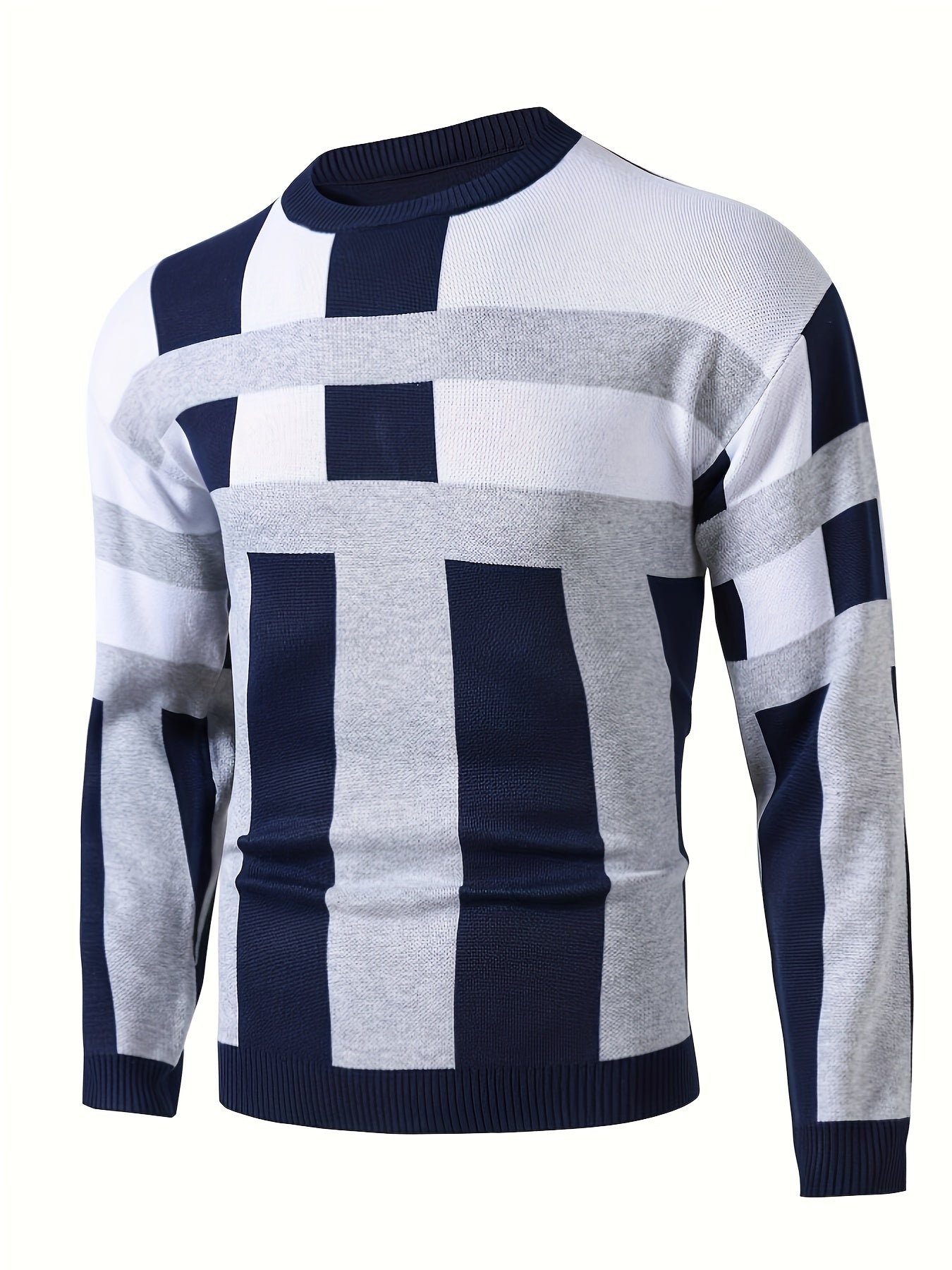Color block men's knit sweater by SHOWLU FASHION STORE featuring slim fit viscose crew neck pullover on a model.