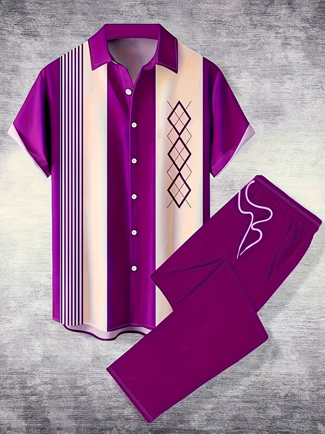 SHOWLU men's blue and white stripe shirt and pants set with geometric pattern, casual fashion outfit for men.