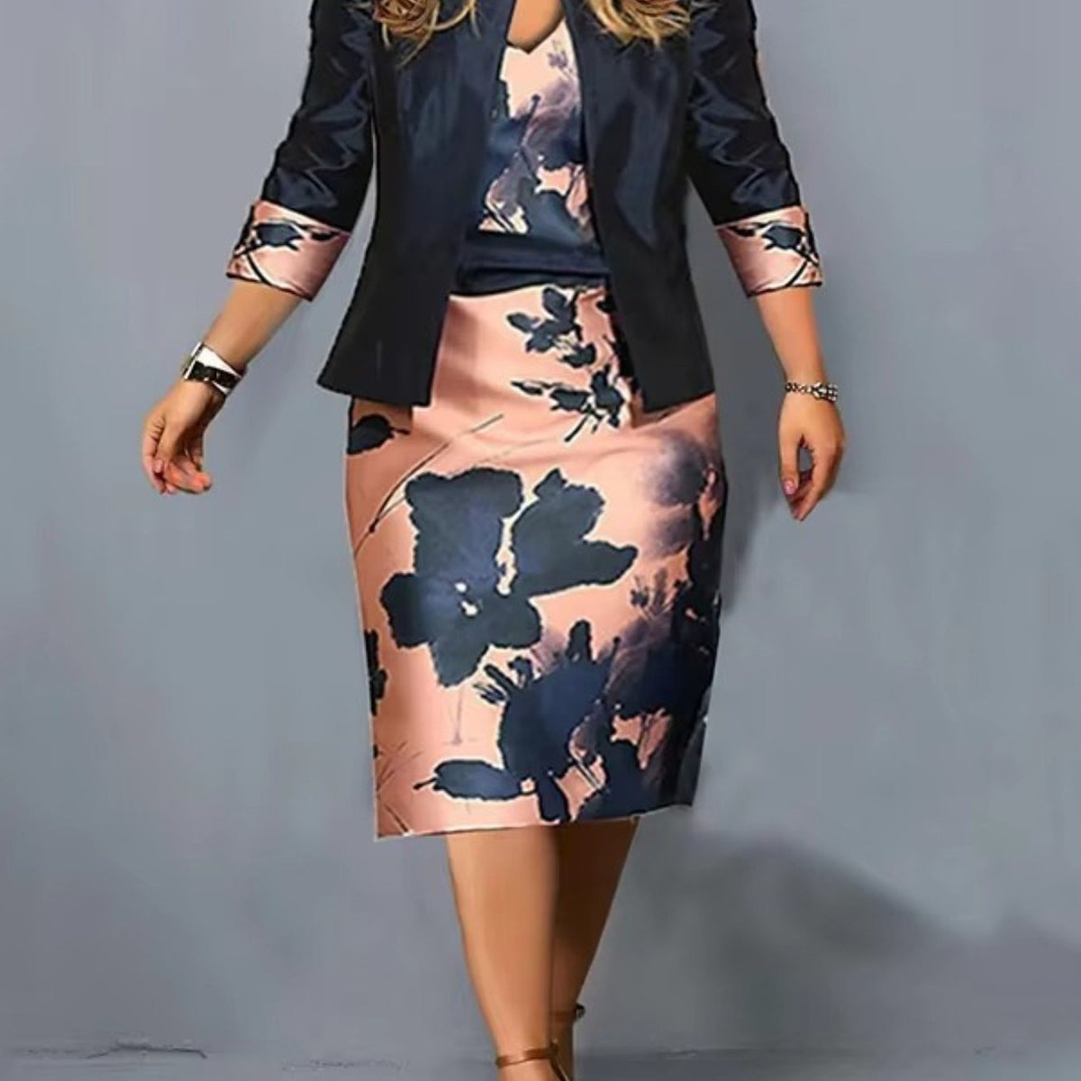 Female Suit 2025 Spring and summer New Solid Three Quarter Sleeve Top And Floral Print Package Hip Dress Two Piece Sets Fashion Suit Office 3d Flower Print Body Con African Skirt Sets Formal Elegant Women'S Sets