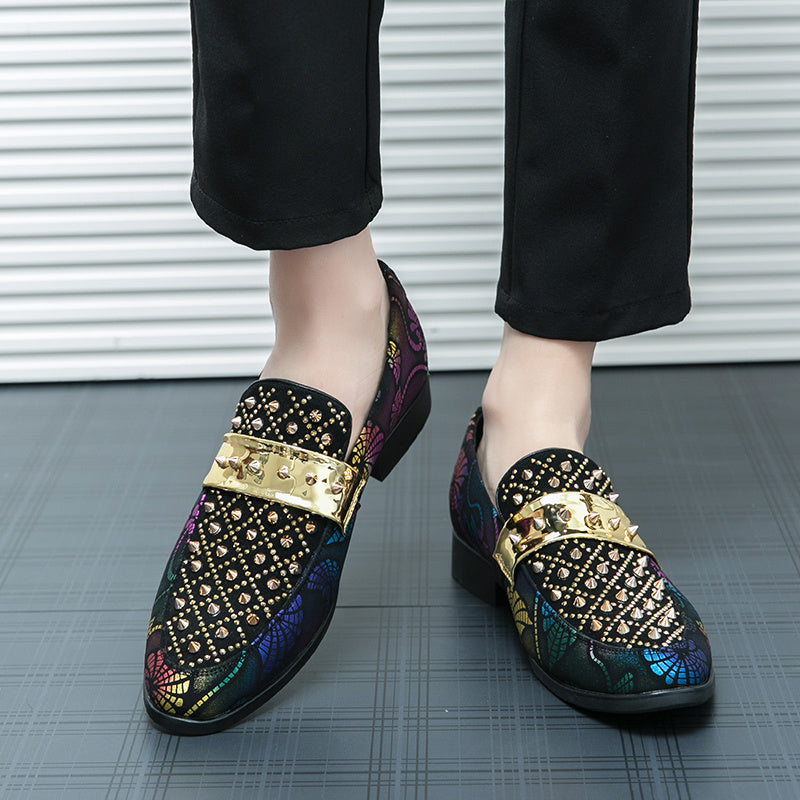 Men's SHOWLU studded loafers in formal black PU leather, slip-on party shoes with stylish studded detail.