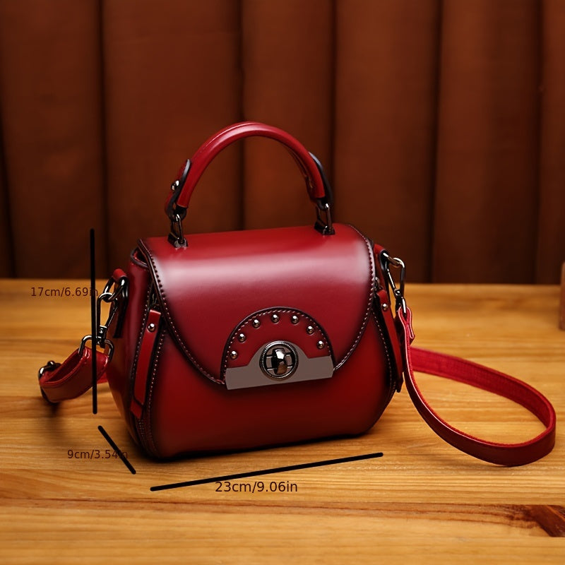 SHOWLU Women's retro apple-shaped crossbody bag in black PU leather with gold-tone hardware and adjustable strap.
