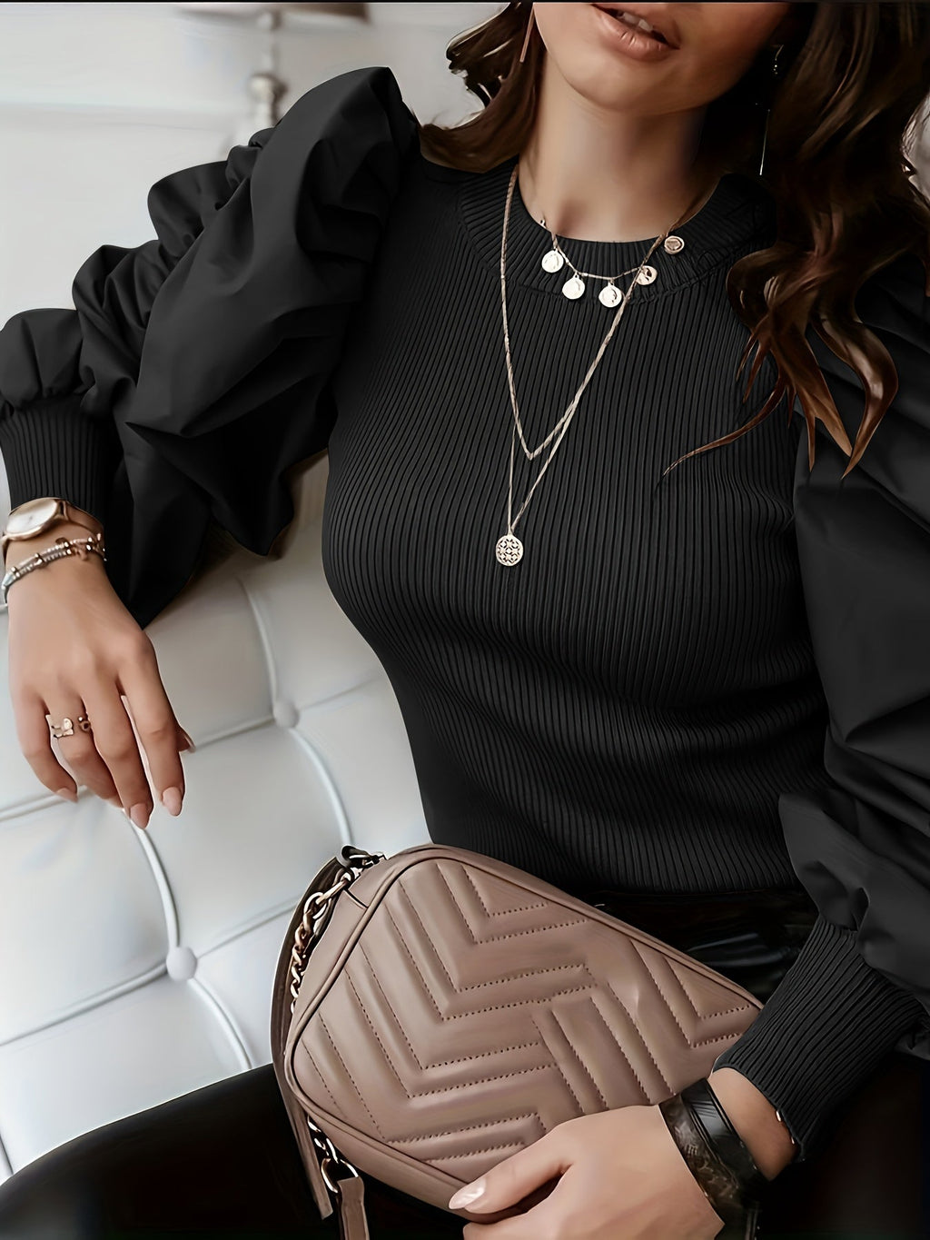 Black ribbed blouse for women by SHOWLU FASHION STORE featuring puff sleeves and a crew neck, stylish and elegant top.