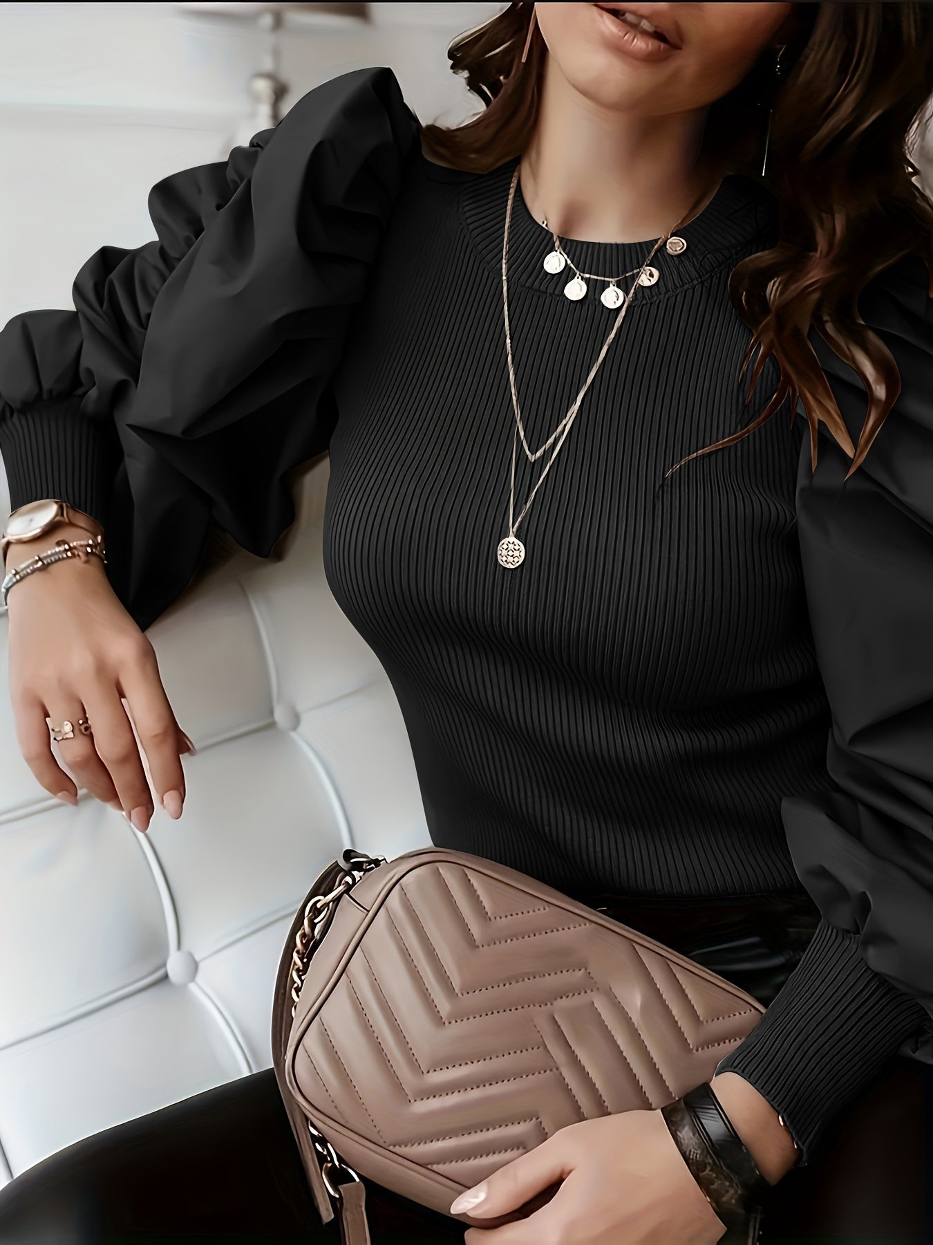Black ribbed blouse for women by SHOWLU FASHION STORE featuring puff sleeves and a crew neck, stylish and elegant top.