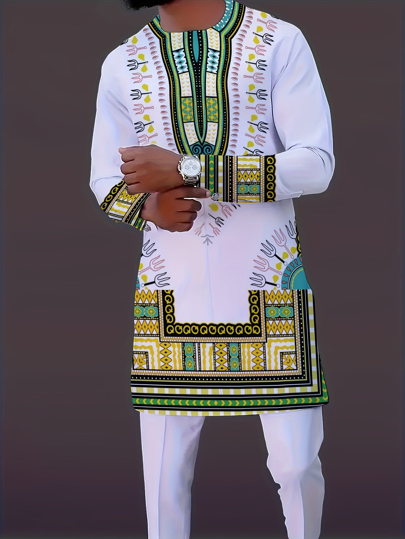 Showlu men's African tribal pajama set with white geometric pattern, featuring comfortable fabric and traditional design elements.