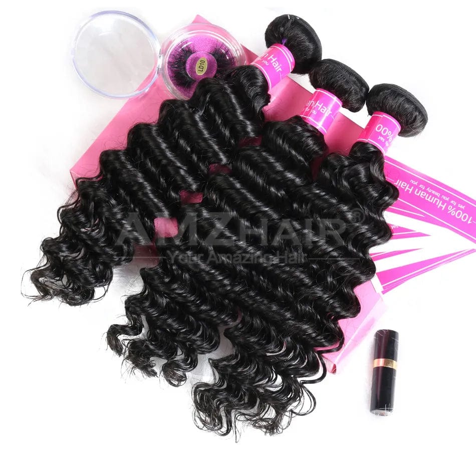 Showlu Deep Wave Brazilian Virgin Human Hair Bundles with cuticle aligned, showcasing the rich, curly texture of the raw hair extensions.