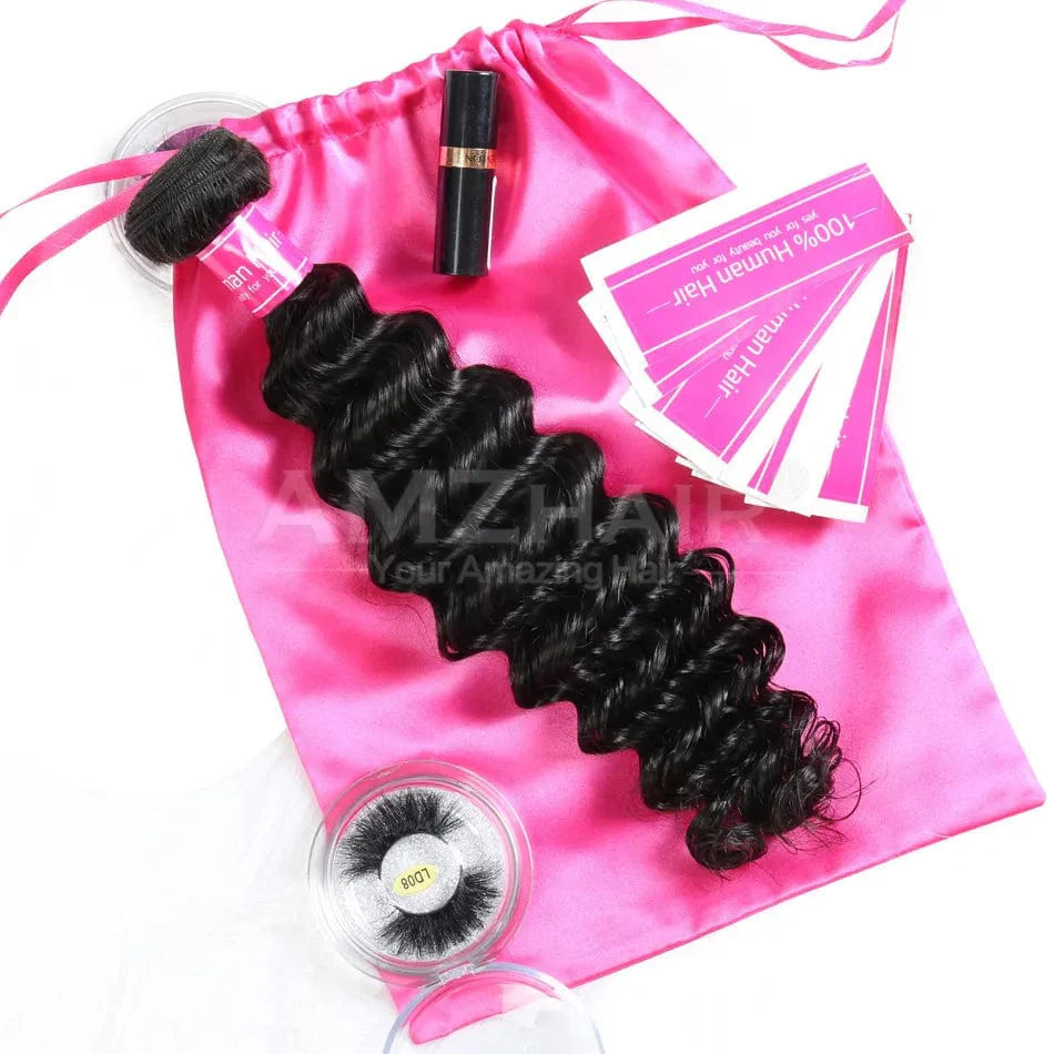 Showlu Deep Wave Brazilian Virgin Human Hair Bundles with cuticle alignment, showcasing the textured, natural wave pattern for extensions.