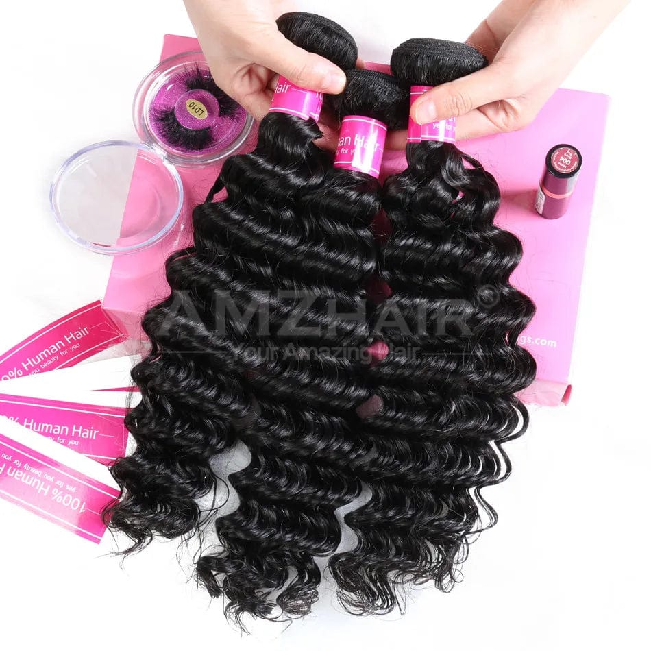 Showlu Deep Wave Brazilian Virgin Human Hair Bundles with cuticle alignment, showcasing the textured, natural deep-wave extensions.