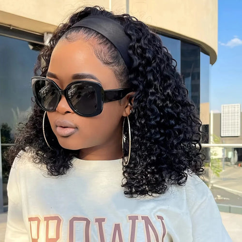 Aircabin Deep Wave Headband Wig by SHOWLU FASHION STORE, 100% Remy human hair, curly bob style, natural black color, full machine-made wig.