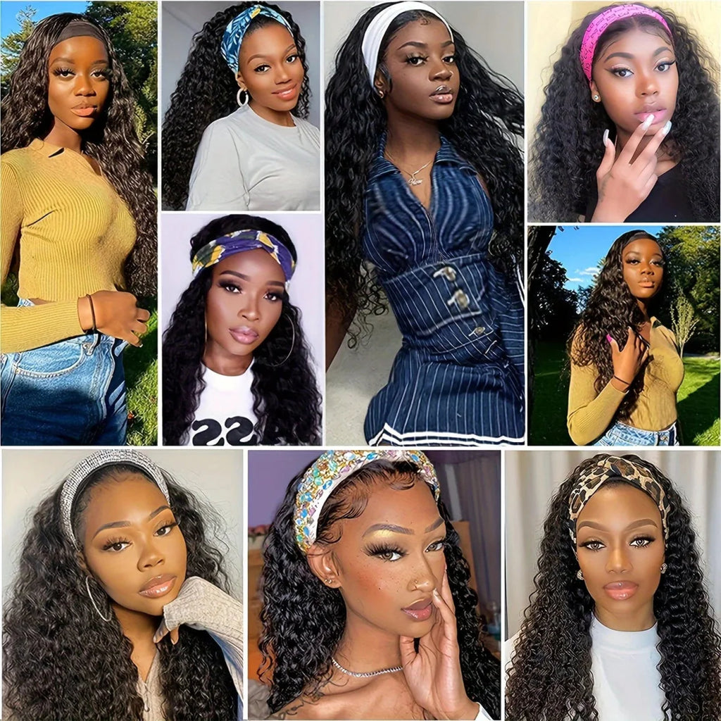 Aircabin Deep Wave Headband Wig by SHOWLU FASHION STORE, natural black 100% Remy human hair, curly bob style with headband attachment.