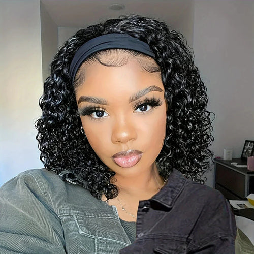 Aircabin Deep Wave Headband Wig by SHOWLU FASHION STORE, featuring natural black 100% Remy human hair with curly bob style.