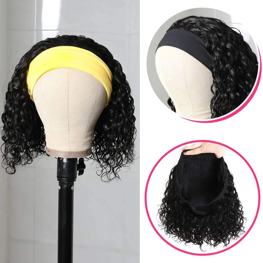 Aircabin Deep Wave Headband Wig by SHOWLU FASHION STORE, natural black 100% Remy human hair, curly bob style, full machine-made wig.