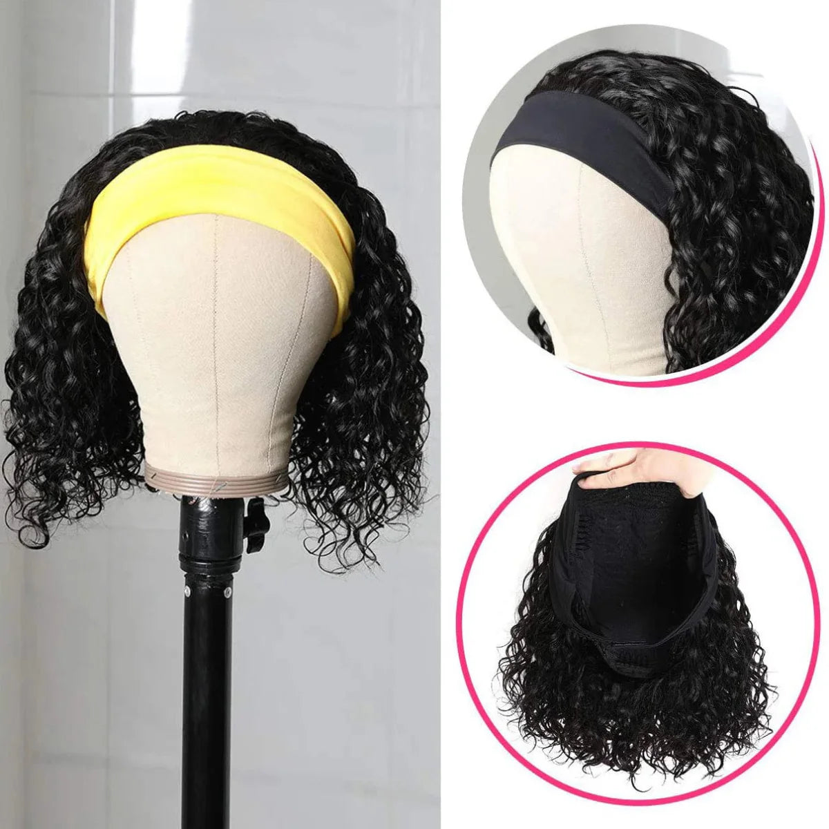 Aircabin Deep Wave Headband Wig by SHOWLU FASHION STORE, natural black 100% Remy human hair, curly bob style, full machine-made wig.
