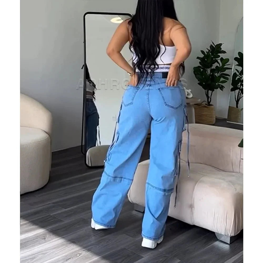 SHOWLU Women's high waist straight leg denim jeans with wide-leg fit, Y2K streetwear style, featuring colorblocked design and loose fit.