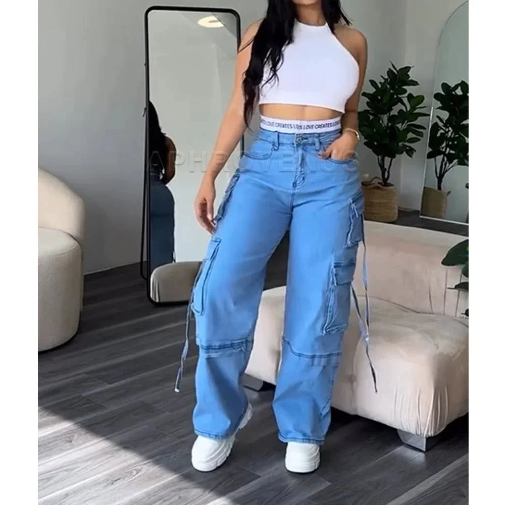 SHOWLU Women's high waist straight leg denim jeans with wide-leg fit, colorblocked design, perfect for Y2K streetwear style.