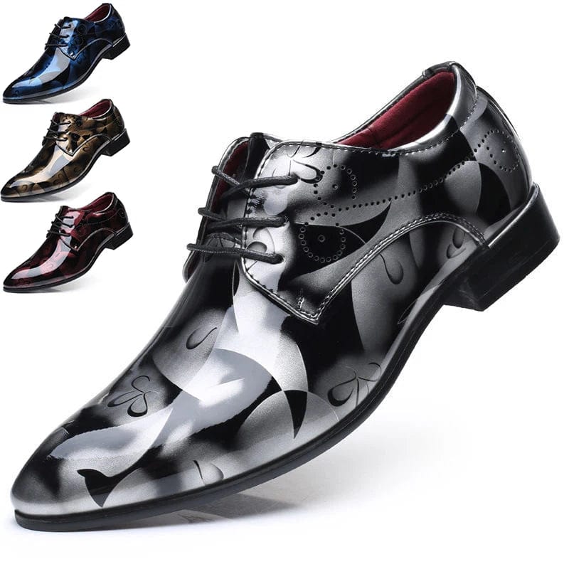 SUOJ men's patent leather oxford shoes with pointed toe, lace-up design, ideal for business, formal events, and casual wear.
