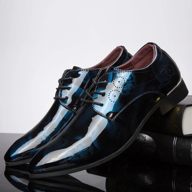SUOJ Men's patent leather Oxford shoes with pointed toe, lace-up design, ideal for business, wedding, or formal occasions.