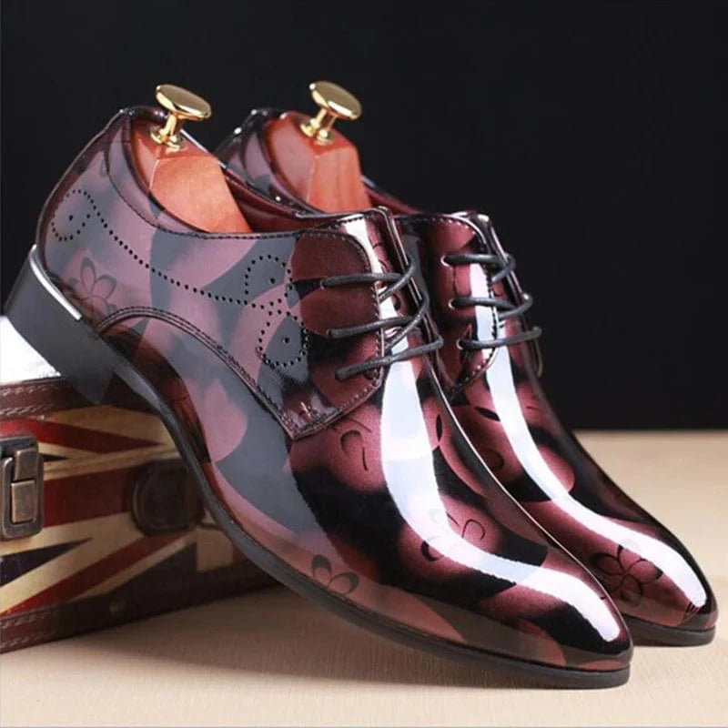 SUOJ Men's patent leather oxford shoes with pointed toe, lace-up design, suitable for business, wedding, and casual occasions.