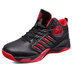 Men's High-Top Basketball Shoes - Stylish & Sporty, Breathable Synthetic Faux Leather with Non-Slip Rubber Sole, Comfortable for Daily Wear & Athletic Activities, Black & Red with Basketball Emblem, Basketball Accessories