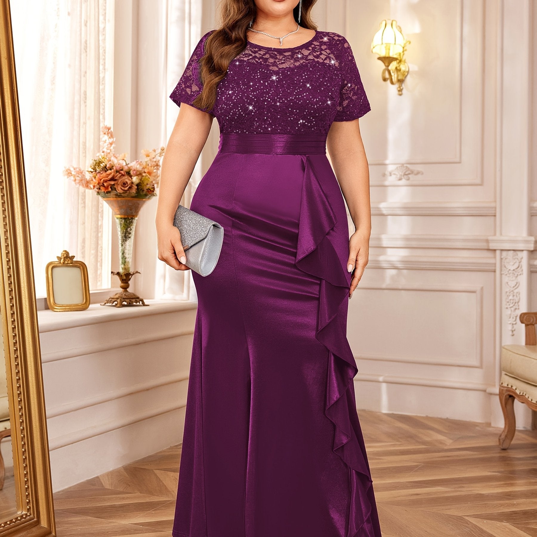P54328A Elegant Women's Plus Size Lace Contrast Satin Sequin Bridesmaid Dress, Round Neck Short Sleeve, Empire Waist, Slim Fitting, Ruffled Mermaid Hem, Perfect for Formal Evenings, Weddings, Parties SHOWLU FASHION STORE