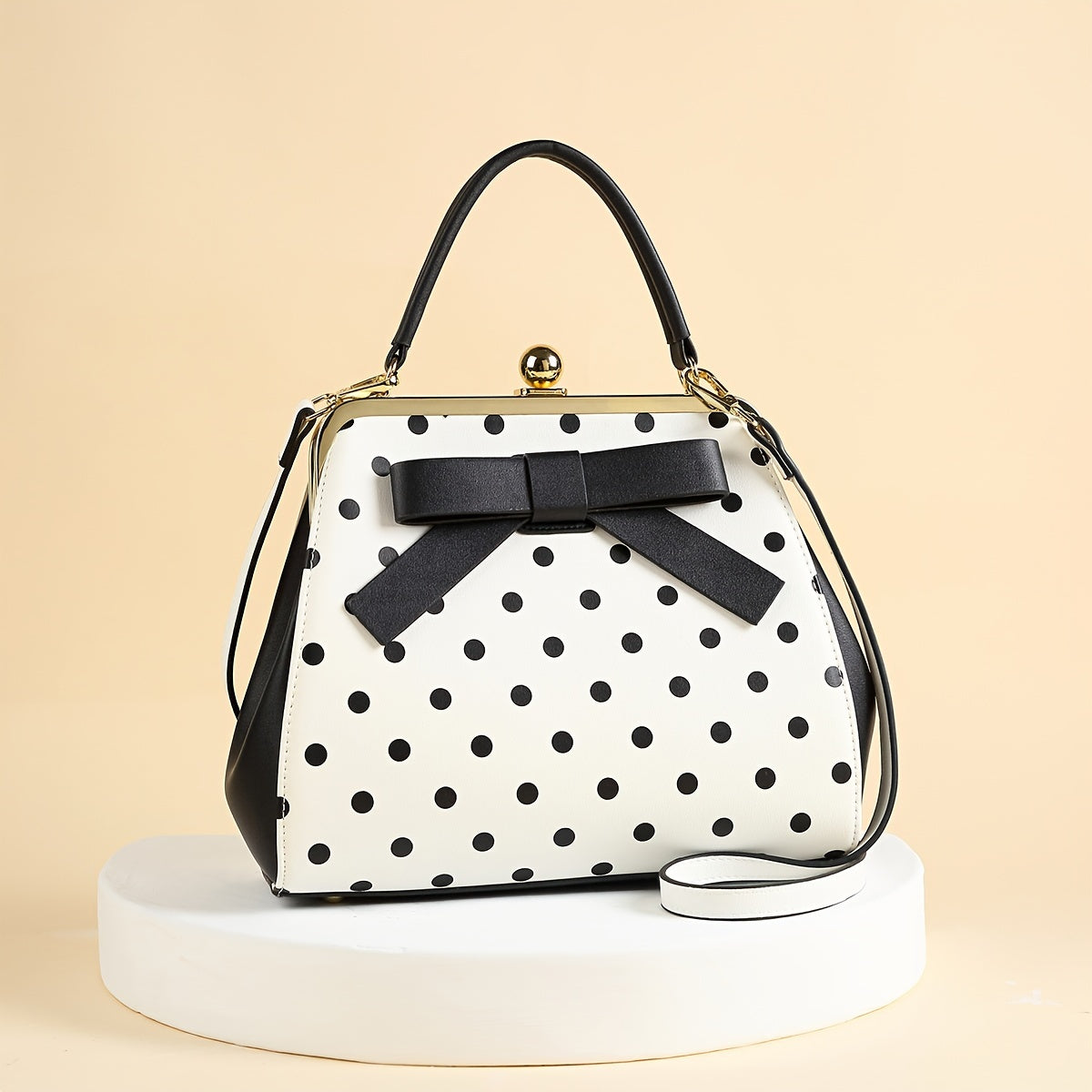 SHOWLU Polka Dot Patent Leather Handbag with Bow, kiss lock closure, stylish design, and elegant details.