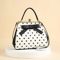 2024 Autumn New Korean Polka Dot Lacquered Handbag for Women - High Quality with Kiss Lock Closure, Removable Shoulder Strap & Bow Detail, Glossy Patent Look (Black/White, Bronze, Pink & White) - Perfect for Weddings, Parties