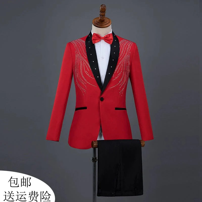 Men's diamond sequined performance suit by Showlu Fashion for chorus, stage, or formal events, featuring elaborate sparkling decorations.