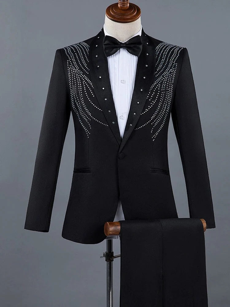 Men's diamond sequined performance suit for chorus or hosting, featuring a shiny, formal costume with intricate diamond decorations.