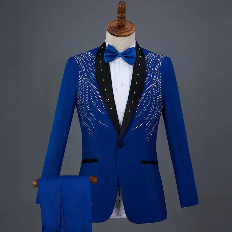 Men's diamond sequined performance suit by Showlu Fashion, designed for chorus singers and hosts, featuring sparkling formal costume details.